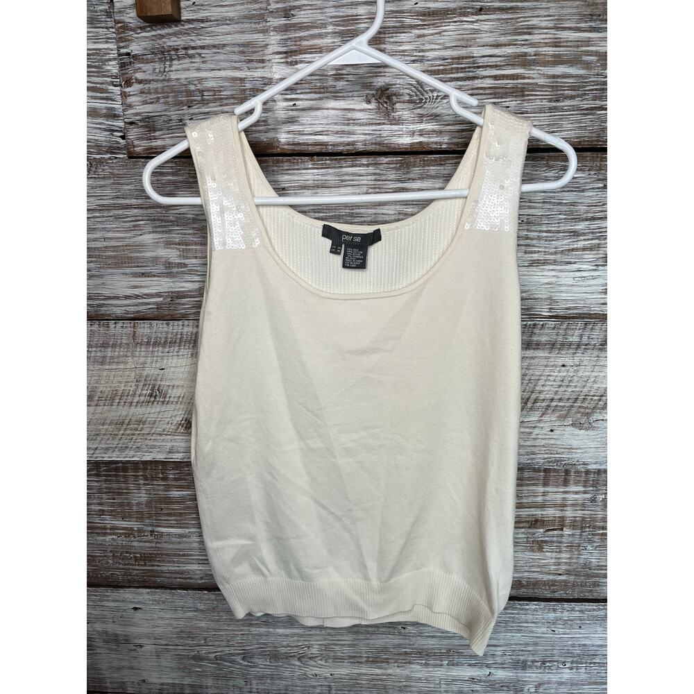 Per Se Silk Blend Tank Top White Sequins Minimalist Party Y2K Chic Layering M